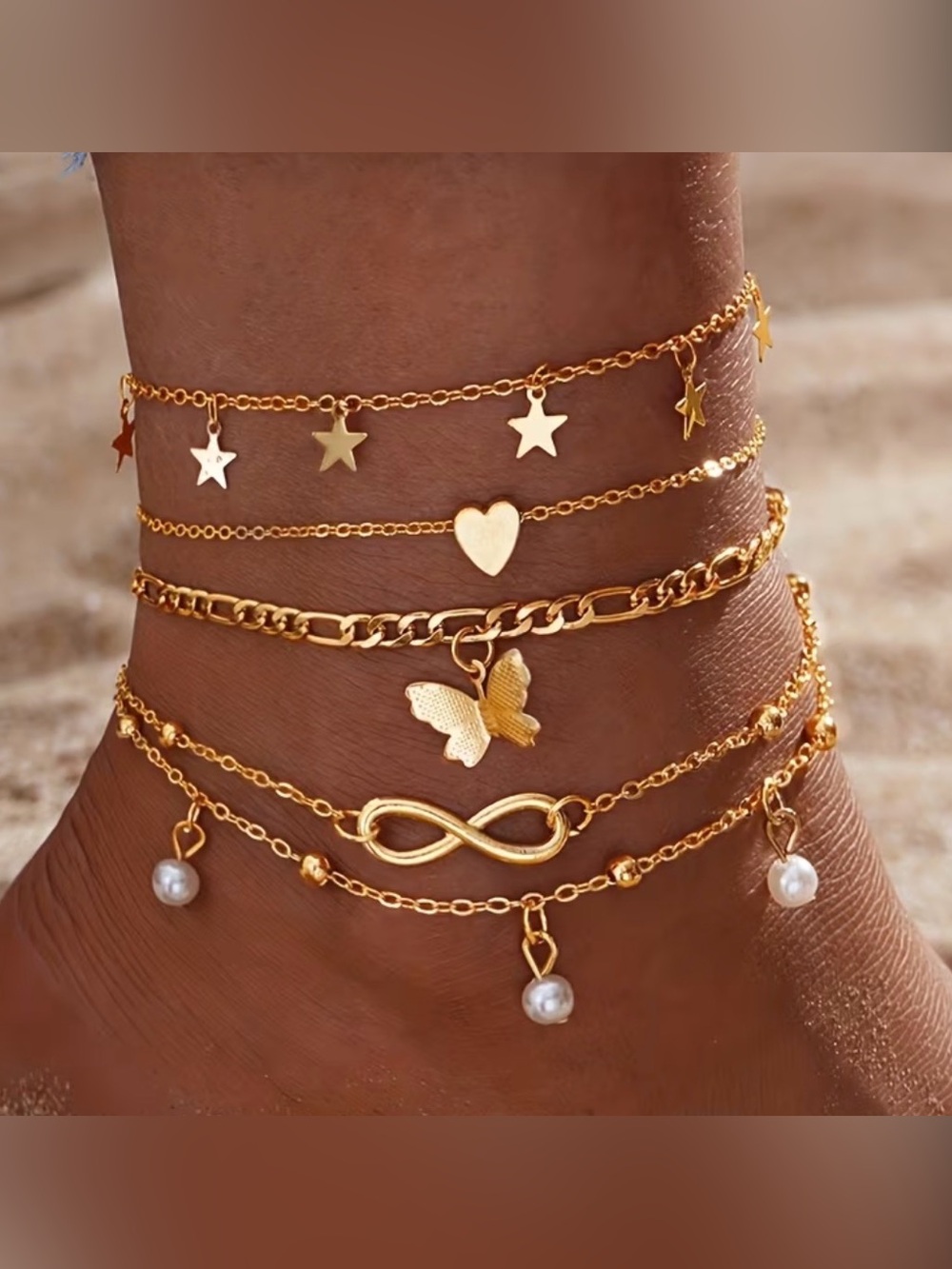 NWT-Boho Butterfly, Five-Pointed Star, Infinity Symbol, Heart 4-Piece Anklet Set